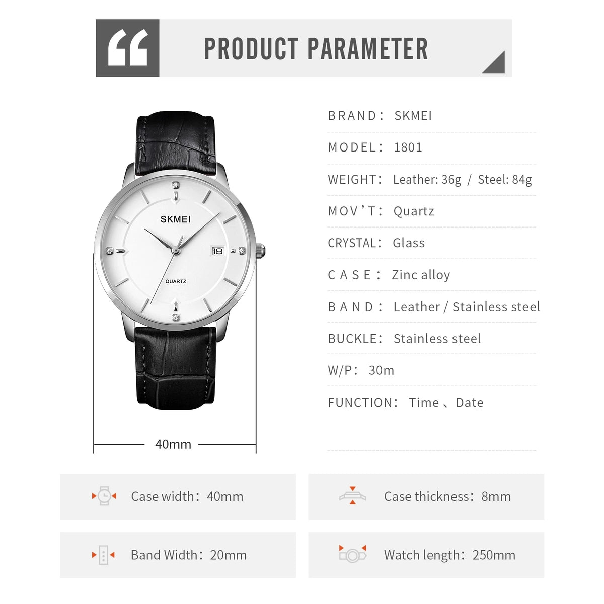 SKMEI 1801 Classic original Men Quartz Watch Hot Sell PU Leather Strap Waterproof Watch Vintage Minimalist Business Watch Set