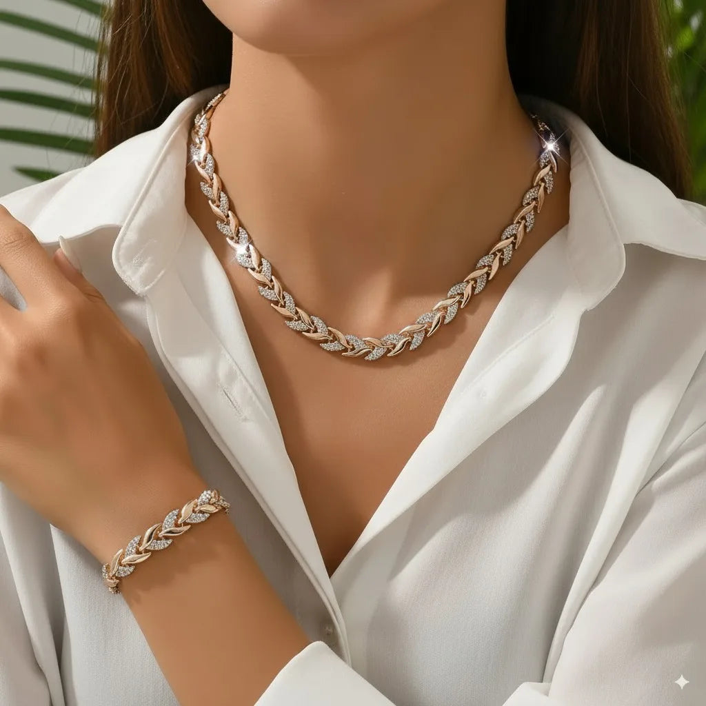 2PCS Elegant Design Glass Rhinestone Chain Fish Tail Necklace with Matching Bracelet for Women Luxury Jewelry Set Fashion Style
