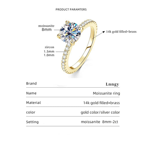 Lnngy Certified 8mm 2ct Moissanite Solitaire Ring 14K Gold Filled Engagement Rings For Women Wedding Party Jewelry Gift