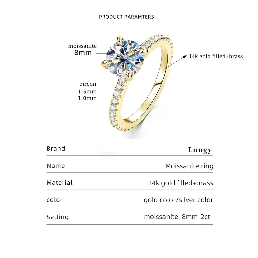 Lnngy Certified 8mm 2ct Moissanite Solitaire Ring 14K Gold Filled Engagement Rings For Women Wedding Party Jewelry Gift
