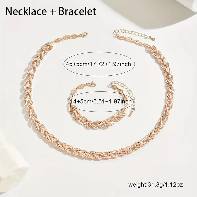 2PCS Elegant Design Glass Rhinestone Chain Fish Tail Necklace with Matching Bracelet for Women Luxury Jewelry Set Fashion Style