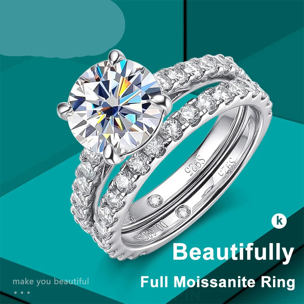 KNOBSPIN D VVS1 Moissanite Rings for women Sparkling Diamond Bridal Sets with GRA s925 Sterling Sliver Plated 18k Eternity Band
