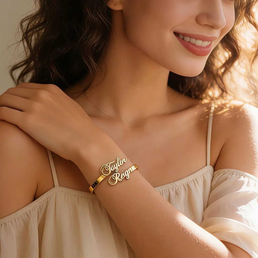 Dainty 18K Gold Plated Custom Name Bangle Bracelet Custom Name Bracelet Personalized Stainless Steel Jewelry Gift for Women