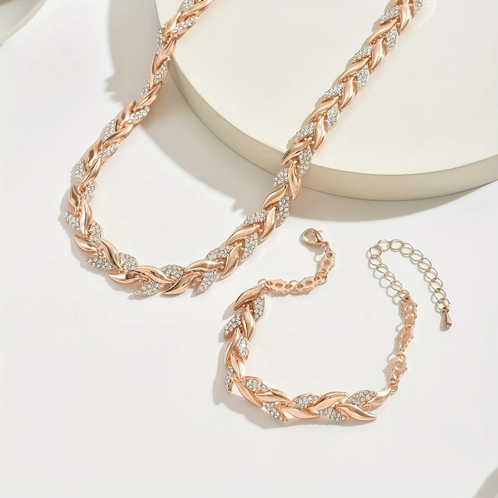 2PCS Elegant Design Glass Rhinestone Chain Fish Tail Necklace with Matching Bracelet for Women Luxury Jewelry Set Fashion Style