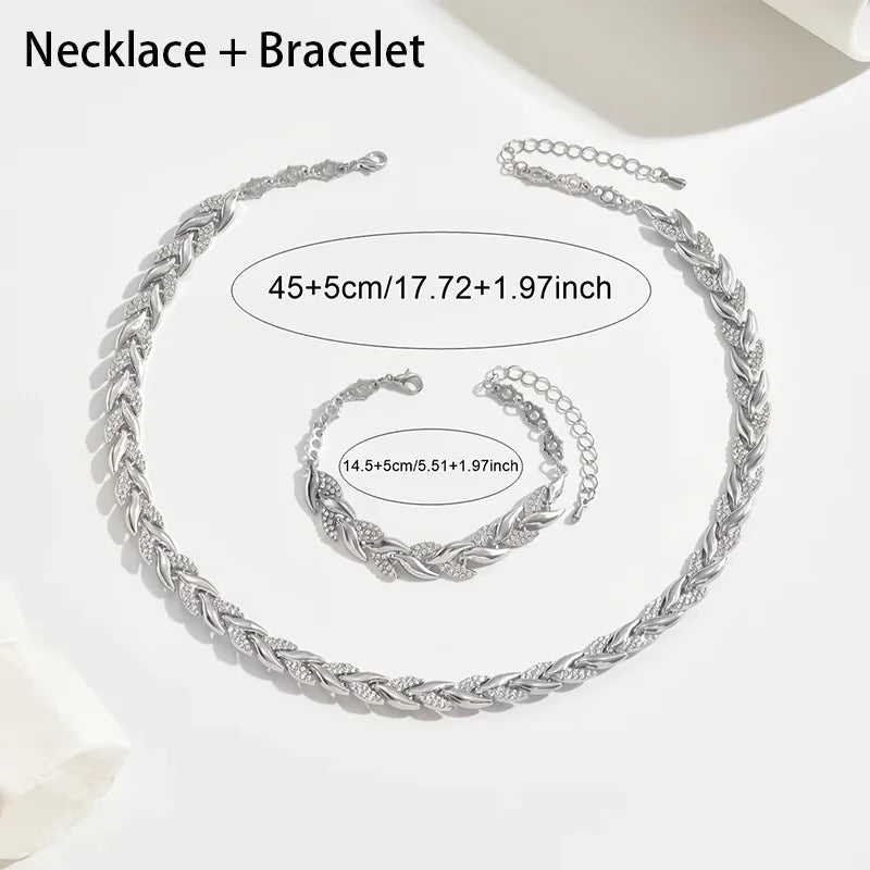 2PCS Elegant Design Glass Rhinestone Chain Fish Tail Necklace with Matching Bracelet for Women Luxury Jewelry Set Fashion Style