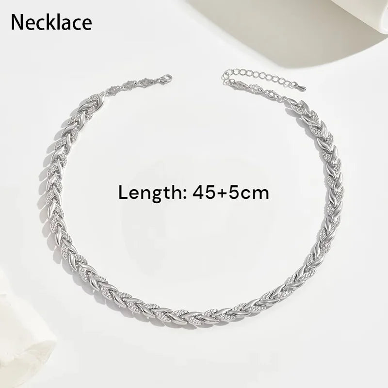 2PCS Elegant Design Glass Rhinestone Chain Fish Tail Necklace with Matching Bracelet for Women Luxury Jewelry Set Fashion Style