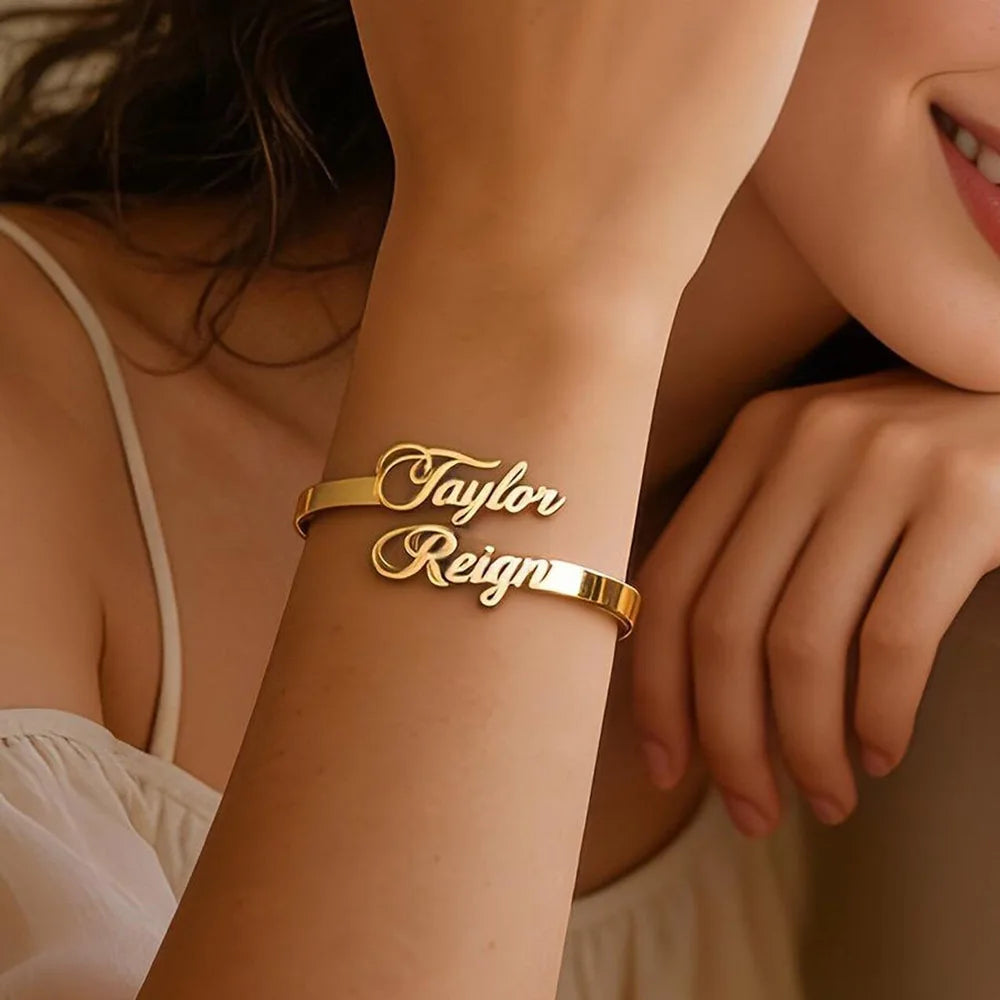 Dainty 18K Gold Plated Custom Name Bangle Bracelet Custom Name Bracelet Personalized Stainless Steel Jewelry Gift for Women